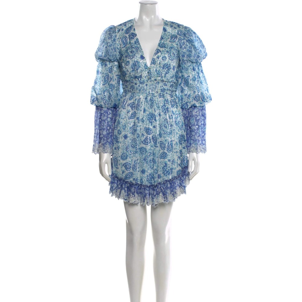 Hemant &‎ Nandita Blue Paisley Mini Dress Metallic Stripe Puff Sleeve